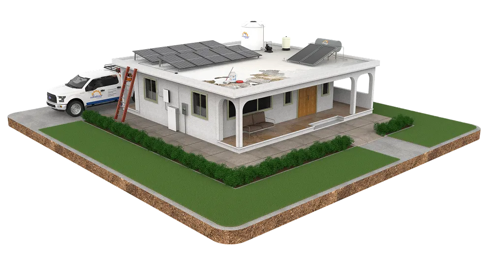 Ilustración de una casa con paneles solares, cisterna, calentador solar, filtros de agua y techo sellado